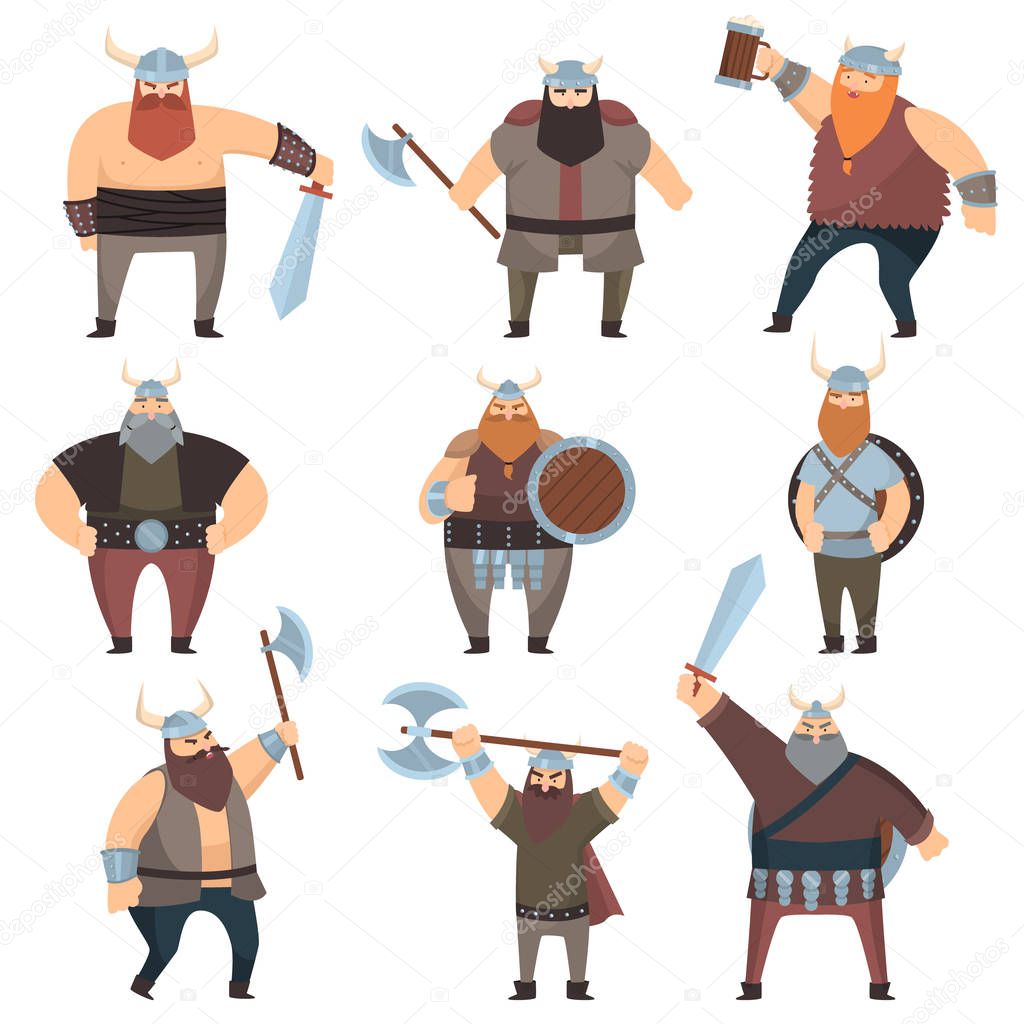 Set of many male vikings with weapons over white background