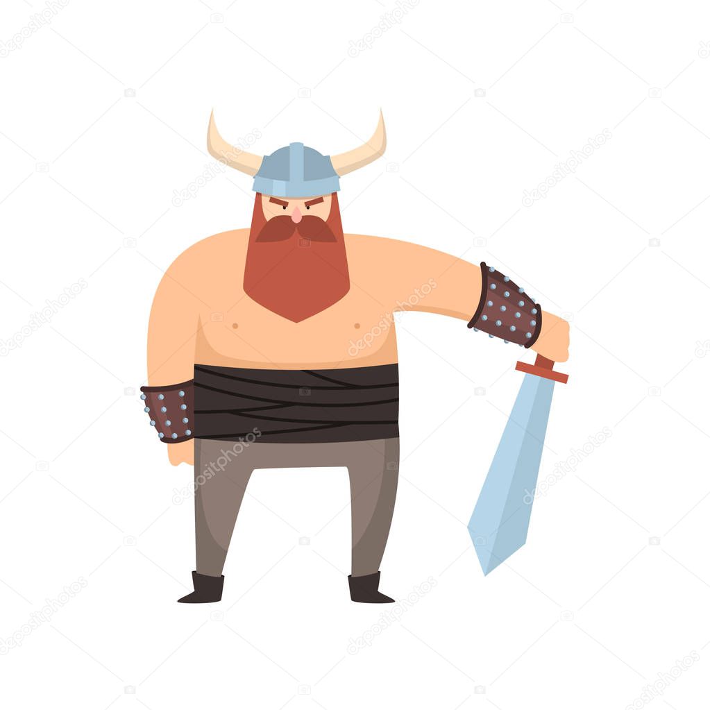 Male viking with strong physique and bellicose air stands holding sword over white background