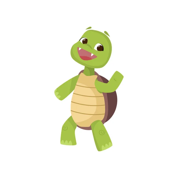Glad söt leende grön sköldpadda går på två bakben och viftande hand isolerad på vit bakgrund — Stock vektor