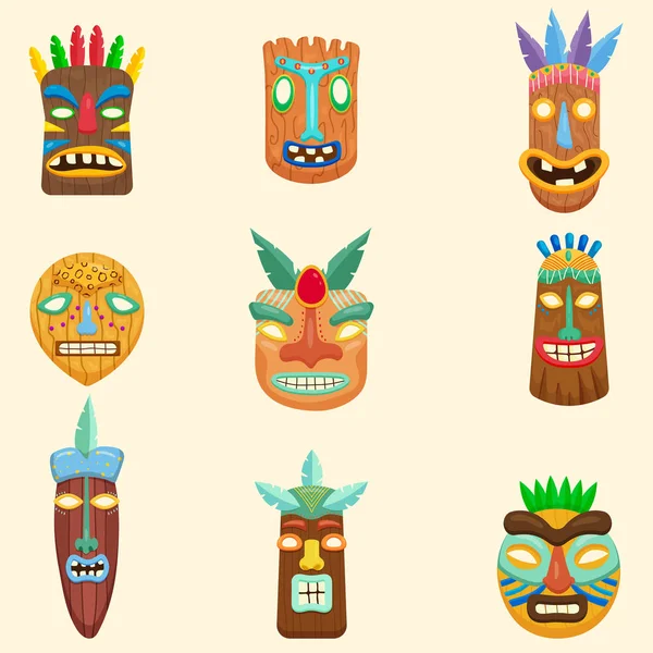 Set van Afrikaans, zulu, Mexicaanse, Indische, inca of Azteekse maskers geïsoleerd op witte achtergrond — Stockvector