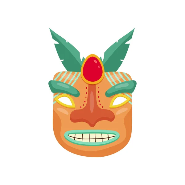 Hrozné prehistorických Africká maska s zubatý děsivé ústa a velký červený drahokam mezi oči — Stockový vektor