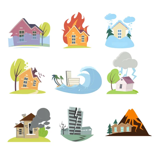 Set of natural disasters with isolated outdoor compositions of living houses — Stock Vector