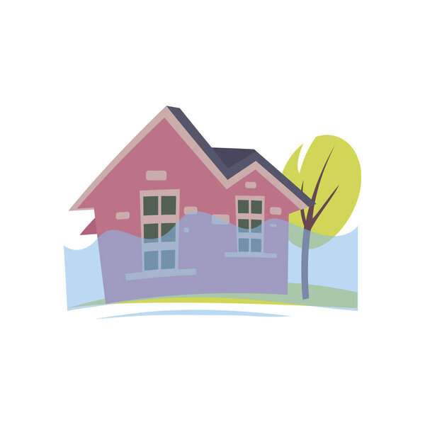 Flooding pink house with rising water up to window isolated on white background