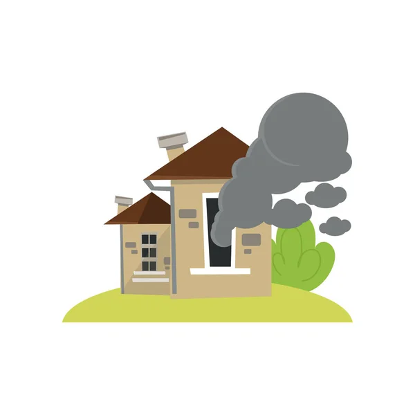 Casa con nubes de humo escapando de ventanas aisladas sobre fondo blanco — Vector de stock