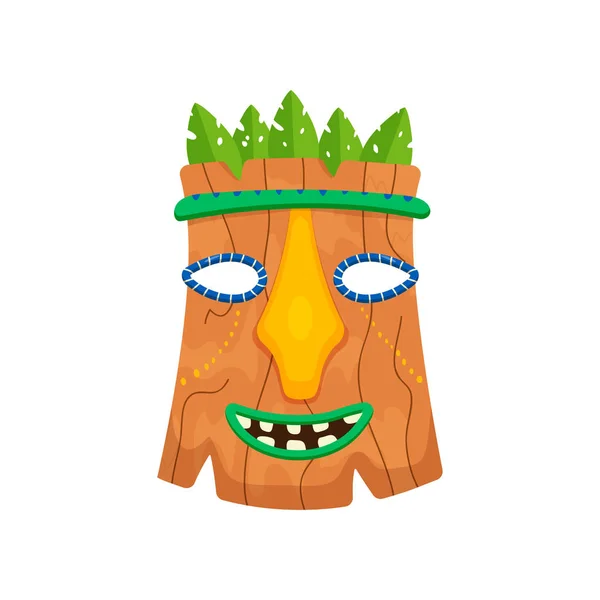 Καφέ αφρικανική μάσκα με φύλλα και χαμογελαστό στόμα που απομονώνονται σε λευκό φόντο — Διανυσματικό Αρχείο