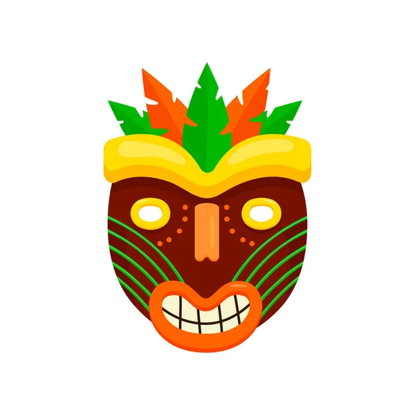 Темно-коричневая круглая африканская маска с уродливым улыбающимся ртом на белом фоне — стоковый вектор