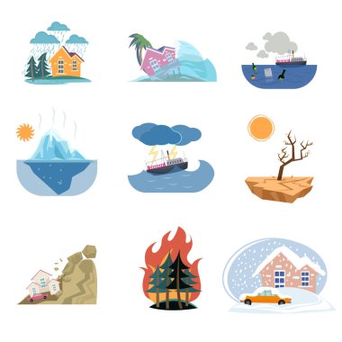 Set of catastrophe icons and outdoor natural disasters isolated on white background clipart
