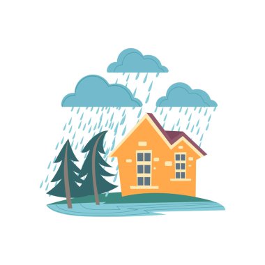 Aile güçlü Rüzgar ve beyaz arka plan üzerinde izole ağır yağmur fırtınası altında ev