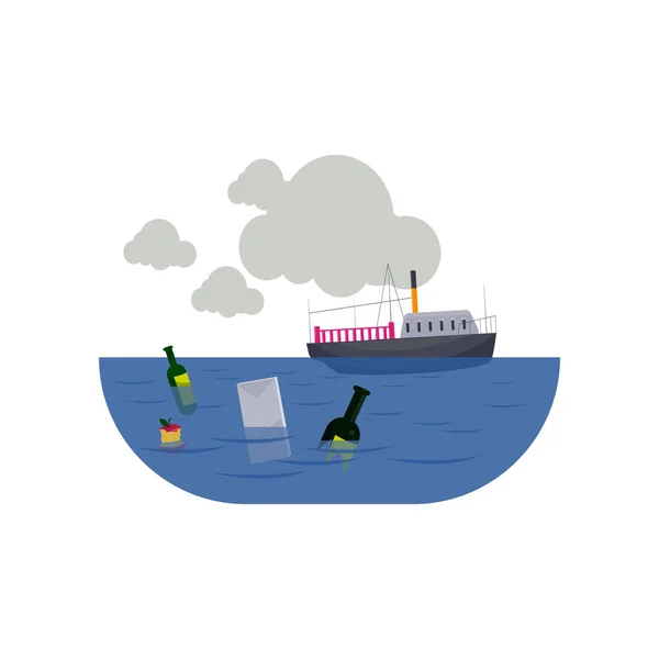 Navio em mar poluído com lixo isolado sobre fundo branco — Vetor de Stock