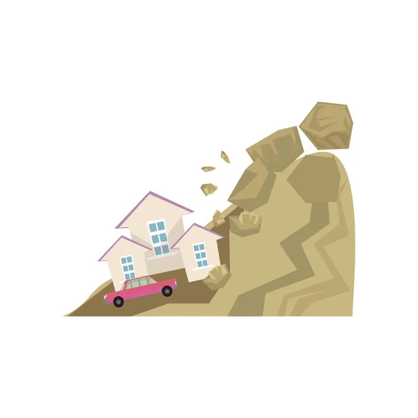Pedras grandes caindo de encosta em casa e carro —  Vetores de Stock