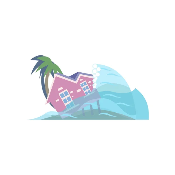 Tsunami on the tropical coast, demolishing house on stilts isolated on white background — Stock Illustration Tsunami on the tropical coast, demolishing house on stilts isolated on white background Vector Graphics
