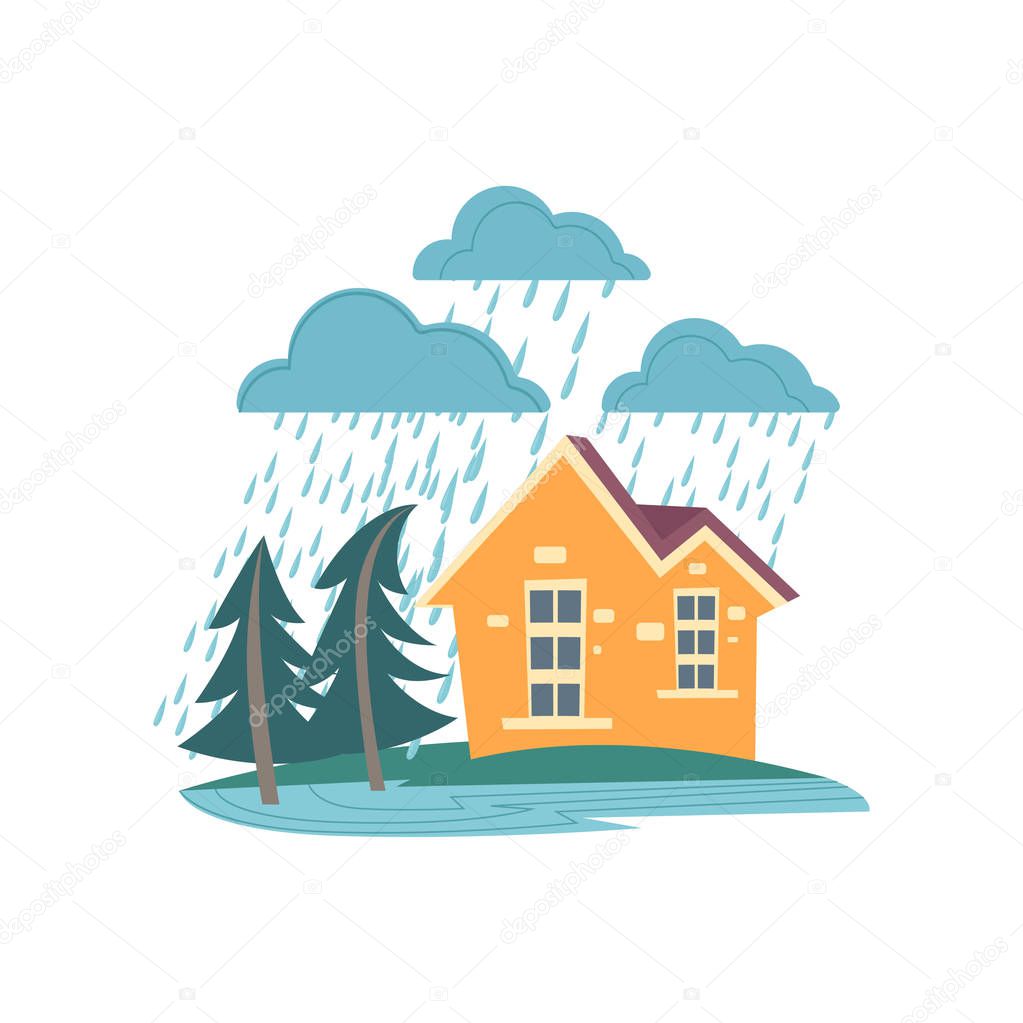 Family home under strong wind and heavy rainstorm isolated on white background