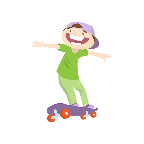 愉快的微笑的男孩滑板快速隔绝在白色背景 — 图库矢量图片