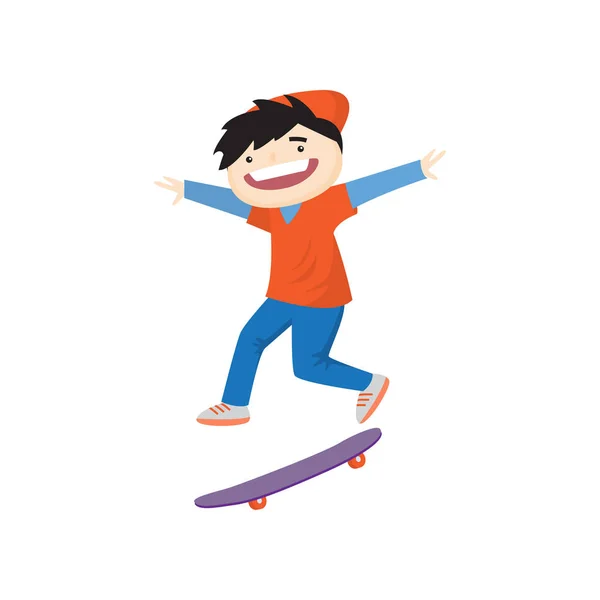 Glücklich lächelnder Junge skateboarding schnell und Kunststück zur gleichen Zeit isoliert auf weißem Hintergrund — Stockvektor