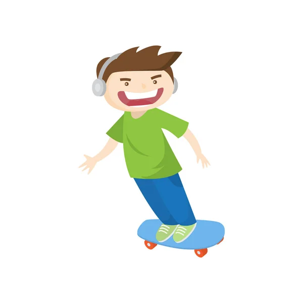 疯狂的男性少年在耳机滑板快速隔离在白色背景 — 图库矢量图片