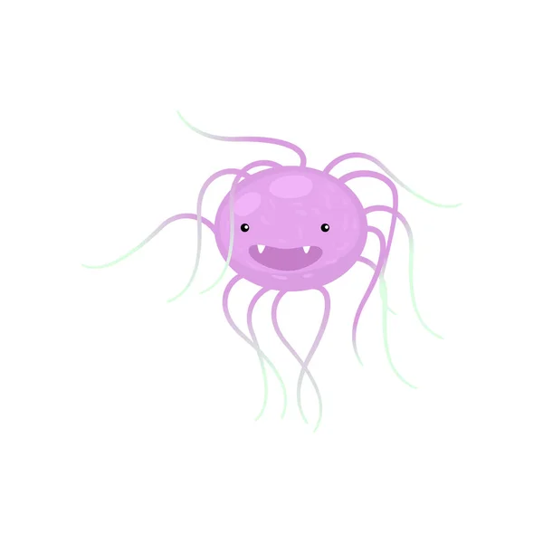 Toothy kerek rózsaszín baktérium sok hosszú antennák closeup elszigetelt fehér background — Stock Vector