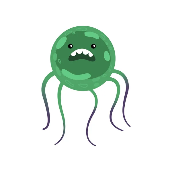 Kerek zöld baktérium vagy vírus több hosszú, vékony lábakkal elszigetelt fehér background — Stock Vector