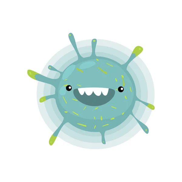 Green round toothy viruses or bacteria emoticon character of infection or illness in microbiology against white — Stock Vector