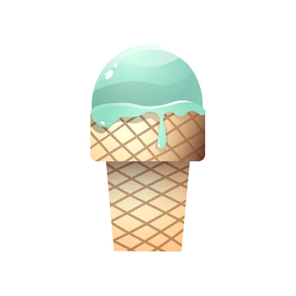 Cono de gofre de helado verde con sabor a pistacho aislado sobre fondo blanco — Vector de stock