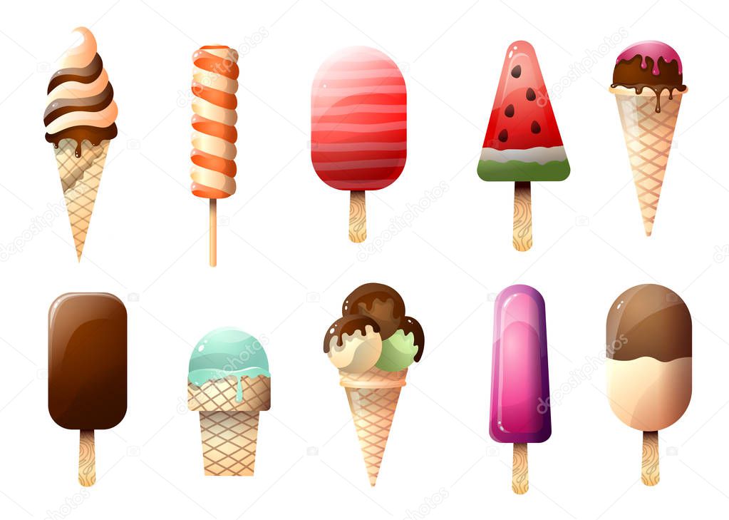 Set of ice creams different in taste and shape isolated on white background