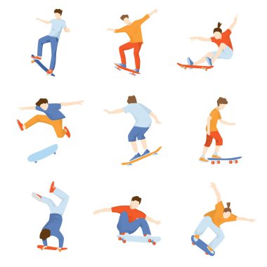 Beyaz arka plan üzerinde izole çeşitli hileler yapıyor kaykaycılar kümesi