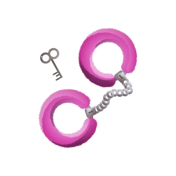 Handschellen mit weichem rosa Dekor und Schlüssel isoliert auf weißem Hintergrund — Stockvektor