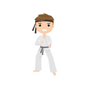 Beyaz arka plan üzerinde izole karate yapıyor odaklı ve öfkeli şirin küçük çocuk