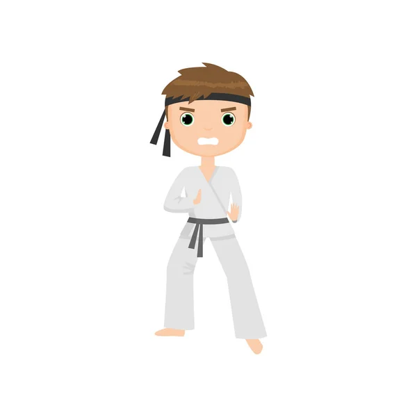 Enfocado y enojado lindo niño haciendo karate aislado sobre fondo blanco — Vector de stock