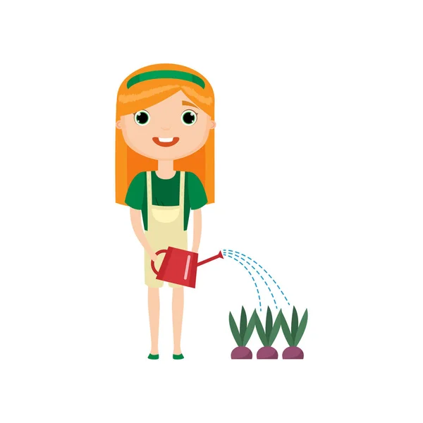 Linda chica riego plantas aisladas sobre fondo blanco — Vector de stock