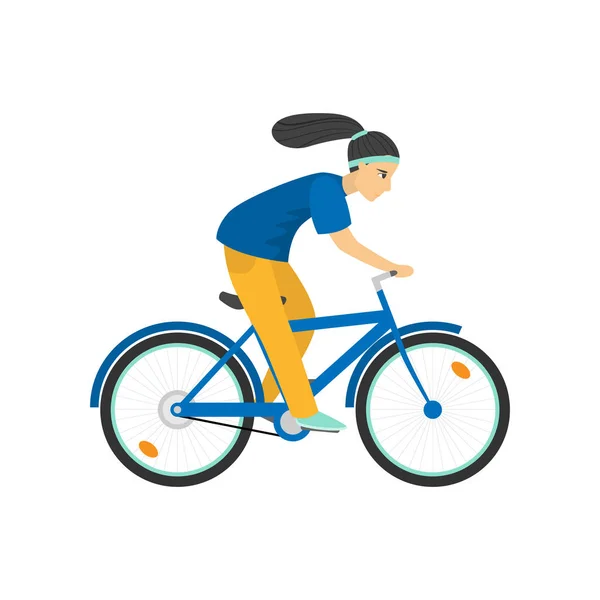 Deportiva chica seria prisa montar en bicicleta aislado en blanco — Vector de stock