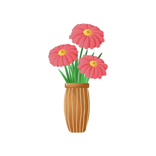 Grote rode bloemen in gestripte vaas geïsoleerd op witte achtergrond — Stockvector