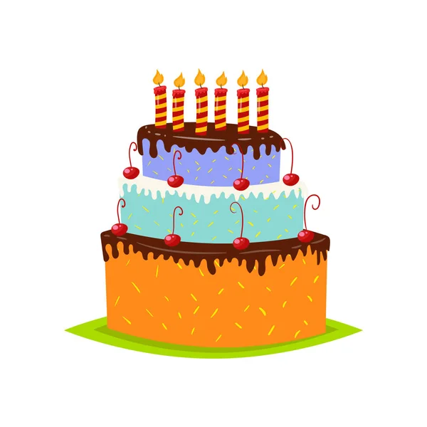 Високий триярусний торт на день народження з шоколадним верхом, кремовий декор та свічки на білому тлі — стоковий вектор