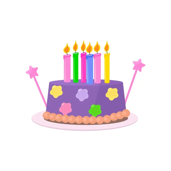 Милий фіолетовий торт на день народження в дитячому дизайні на білому — стоковий вектор