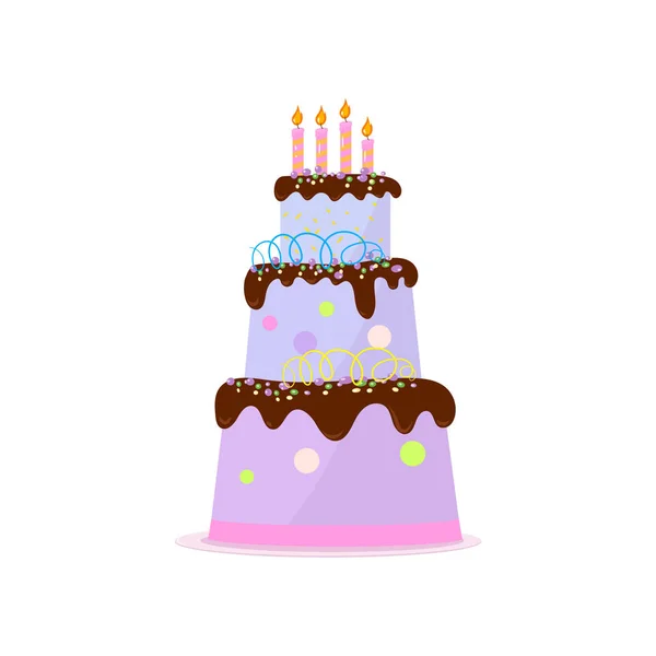 Magas három rétegű születésnapi torta csokoládé öntettel, krém dekorációval és fehér gyertyákat — Stock Vector