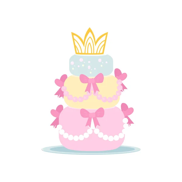 Cute three-tiered birthday cake in girlish style on white — Stock Vector