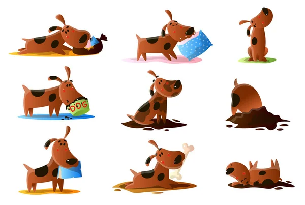 Brown cartoon dog set of normal everyday activities isolated on white background — Stock Vector