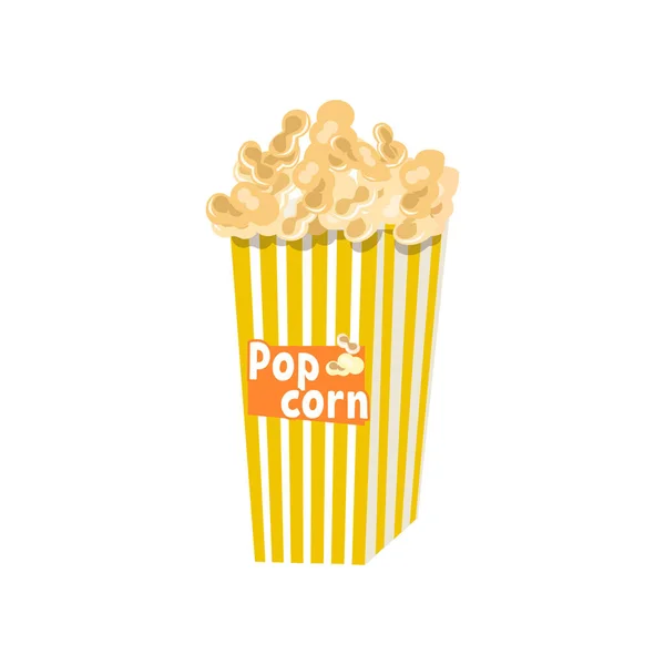 Big full yellow-and-white striped popcorn bucket isolated with lettering. — Stock Vector