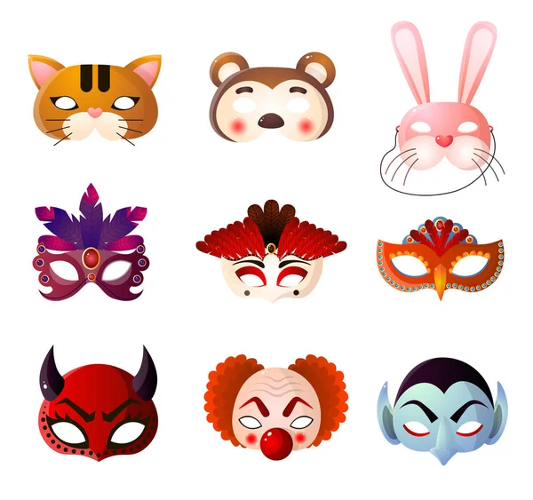 Set voor carnaval, halloween en dieren maskers geïsoleerd op witte achtergrond — Stockvector