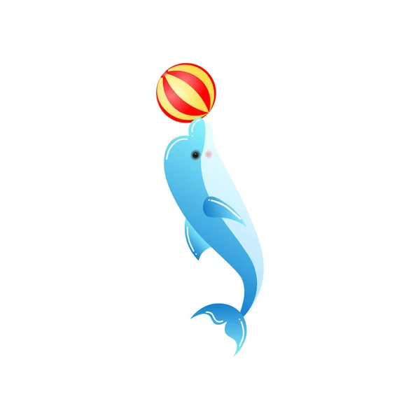 Bottlenose golfinho inteligente jogando bola com nariz isolado no fundo branco — Vetor de Stock