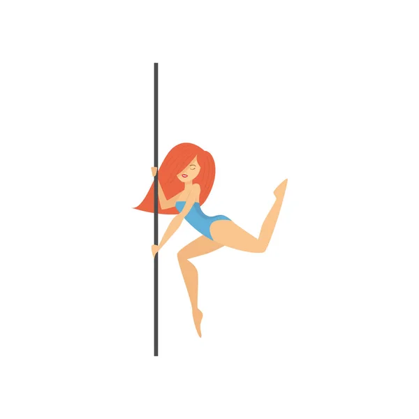 Atractiva chica pelirroja en traje de baño gimnástico azul bailando alrededor del poste — Vector de stock