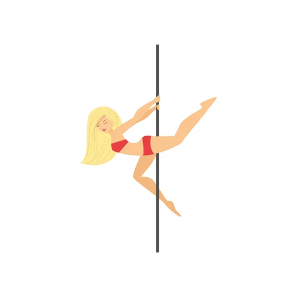 Attractive blond in red bikini making trick around pole — Stock Vector