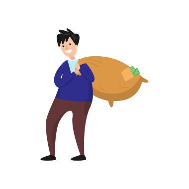 Gülümseyen işadamı yürüyüş ve nakit para dolu ağır çuval taşıyan