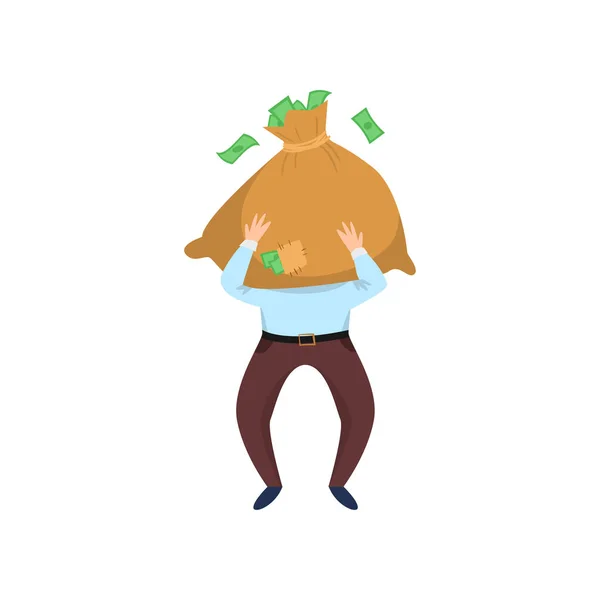 Happy zakenman draagtas zak geld in de voorkant van het gezicht geïsoleerd op witte achtergrond — Stockvector