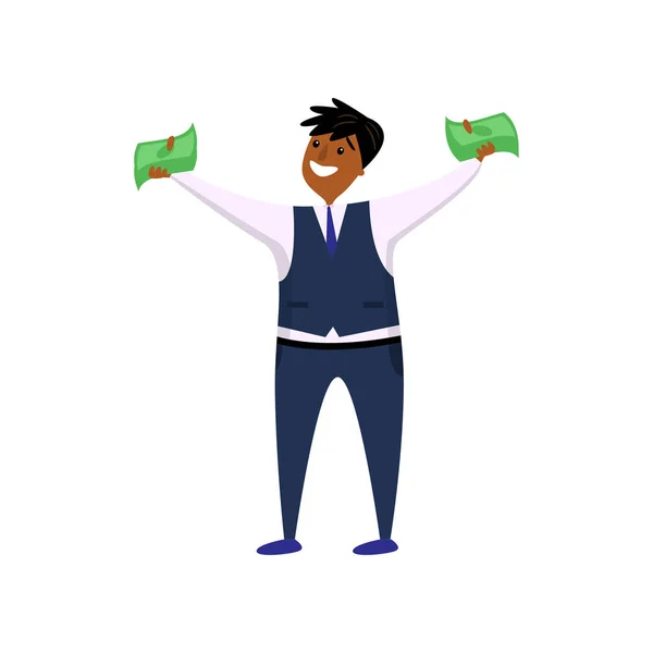 Happy Smiling Afro-Amerikaanse werknemer Holding cash in twee handen draaide om kijker — Stockvector