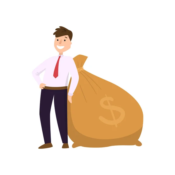 Happy zakenman in pak staande in de buurt grote zware tas met dollarteken — Stockvector