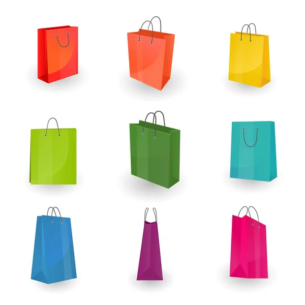 Satz Papier bunte Einkaufstüten oder Geschenktüten isoliert auf weißem Hintergrund — Stockvektor
