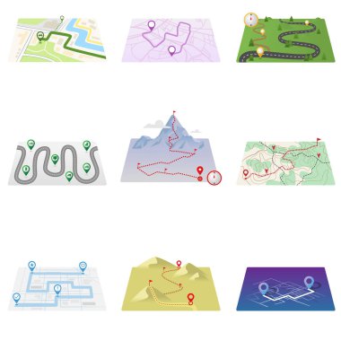 Beyaz arka planda yalıtılmış GPS simgeleri ve rota haritası kümesi