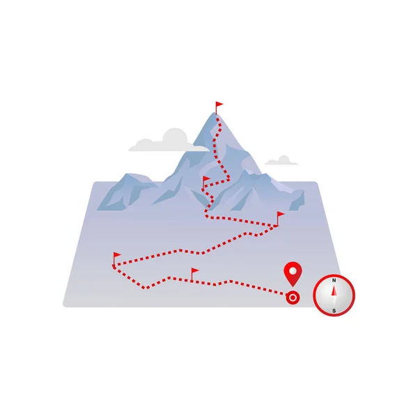 Mapa de las montañas de ruta con banderas rojas y líneas pavimentadas de carreteras punteadas — Archivo Imágenes Vectoriales