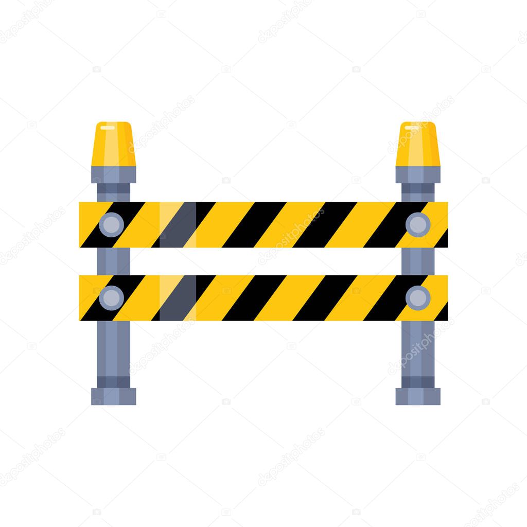 Urban blocking road sign with yellow stripes and flashing lights
