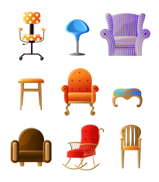 Ensemble de chaises colorées et confortables différents types isolés sur blanc — Image vectorielle